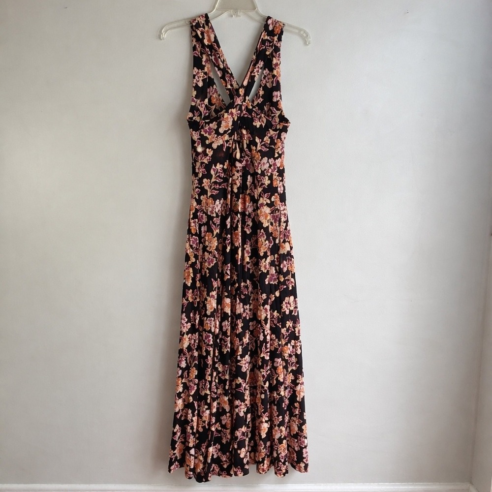 Pact Black Maxi Dress with black background and purple Floral Print